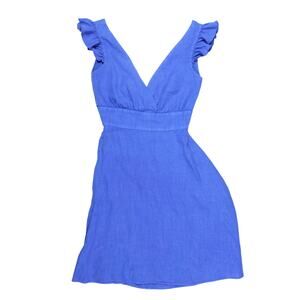 Made in Italy 100% linen dress blue wrap bodice sundress beachy tie back sz S